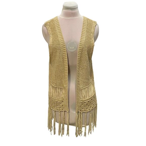 UMGEE Tan Crochet Knit Fringe Open Front Tassel Vest SMALL Boho Hippie Bohemian - Picture 1 of 7